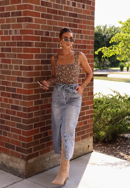 Denim Tie Waist Midi Skirt corduroy skirt comfortable