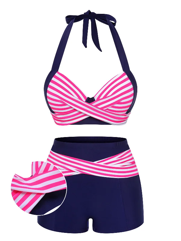 Pink & Blue 1950s Striped Halter Swimsuit Stylish Swimsuit Set