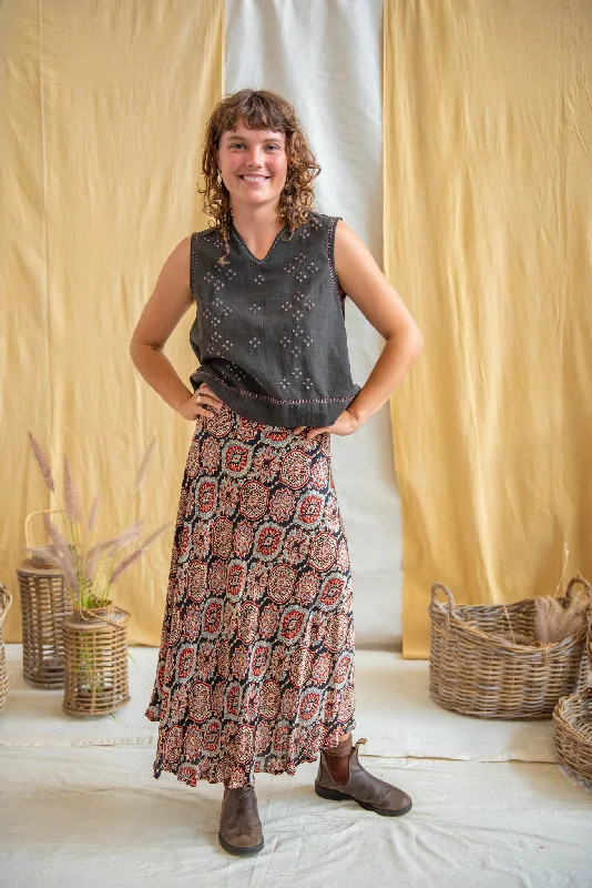 Silk Ajrakh Midi Skirt - Iron/Indigo/Madder leather skirt modern