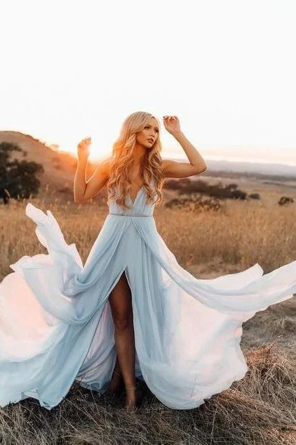 Elegant Chiffon V-neck Prom Gowns with Slit Cut Skirt wrap skirt elegant