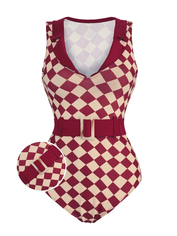 1930s Burgundy Diamond Lapel One-Piece Swimsuit Trendy Swimsuit Bottoms