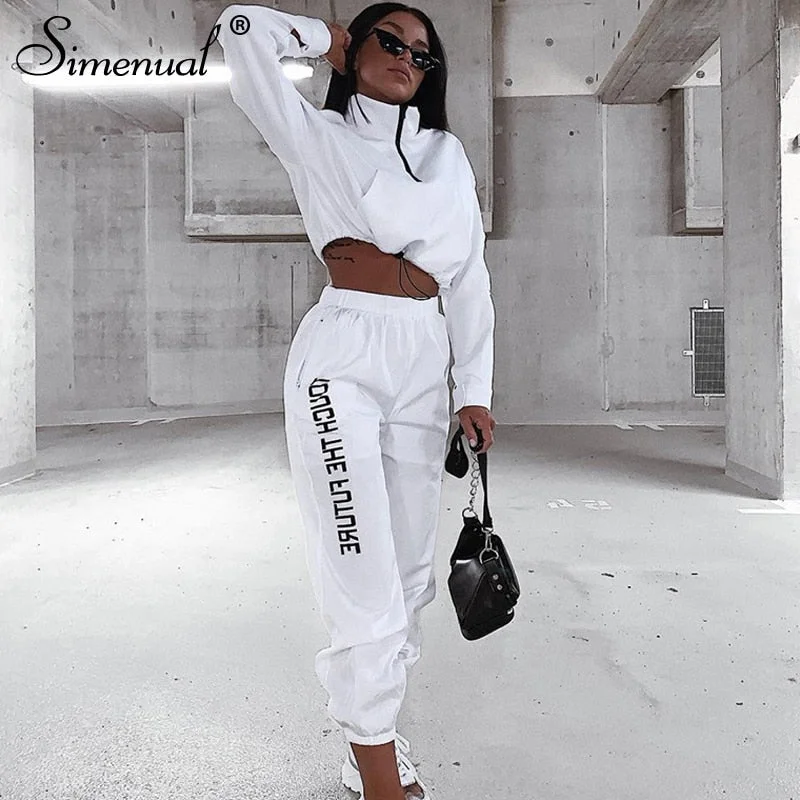 Simenual Letter Print Casual Workout Two Piece Set Women Fashion Zipper Long Sleeve Outfits Sporty Active Wear Top And Pants Set Trendy Printed Leggings