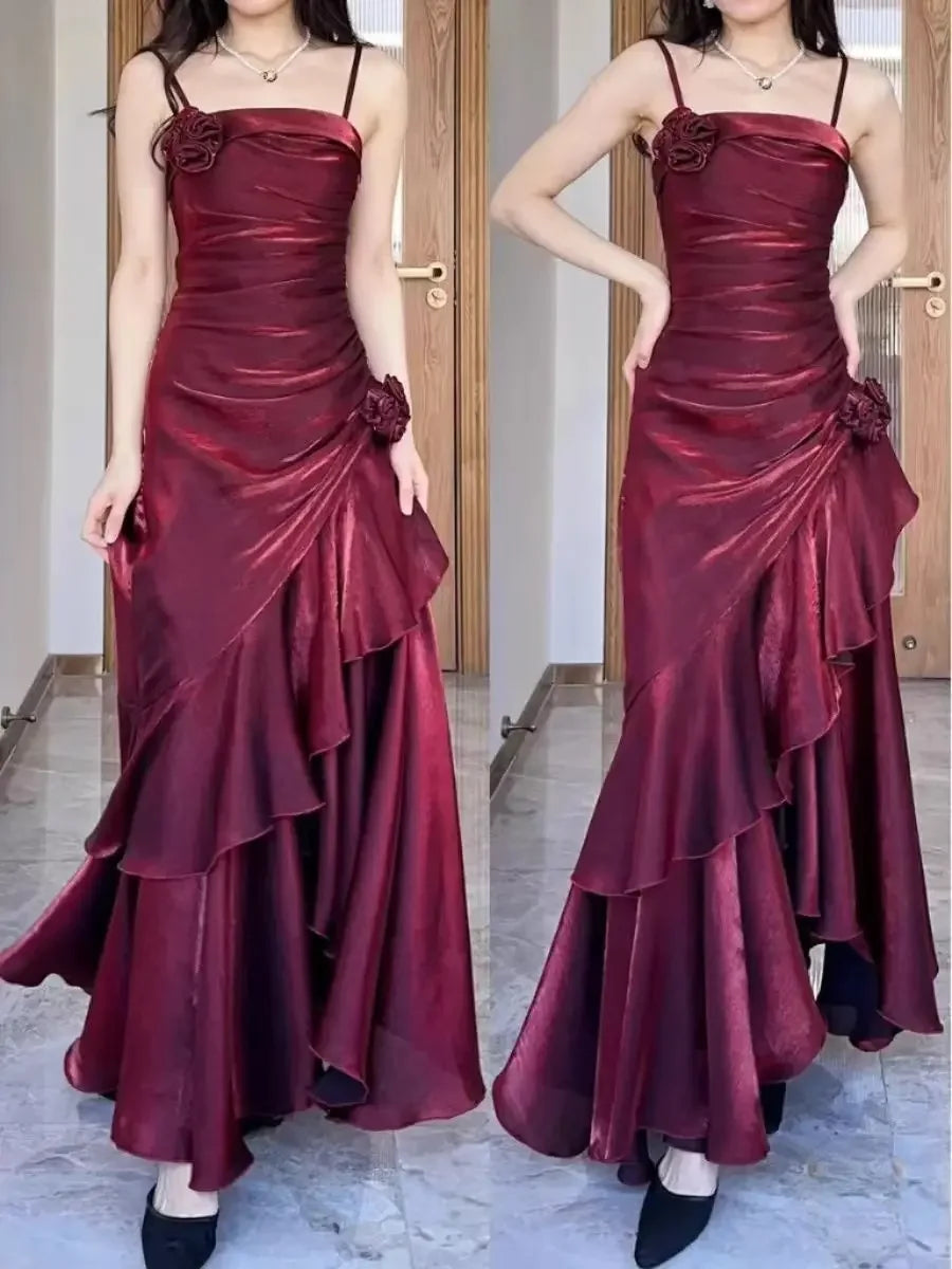 Advbridge Custom Sexy Wine Red Spaghetti Strap Satin Prom Gowns Tiered 3D Flowers Sleeveless Party Dress Women vestidos de festa Tunics Practical durable Advbridge Custom Sexy Wine Red Spaghetti Strap Satin Prom Gowns Tiered 3D Flowers Sleeveless Party Dress Women vestidos de festa Tunics Practical durable