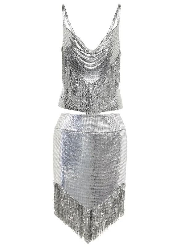 2PCS Silver 1980s Sequined Suspender Tassel Top & Skirt lightweight skirt design