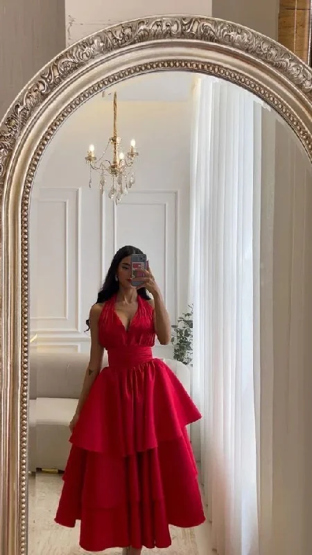 Red Halter Backless A-Line Layers Long Evening Party Dress, DP2898 Tunics Timeless classic Red Halter Backless A-Line Layers Long Evening Party Dress, DP2898 Tunics Timeless classic
