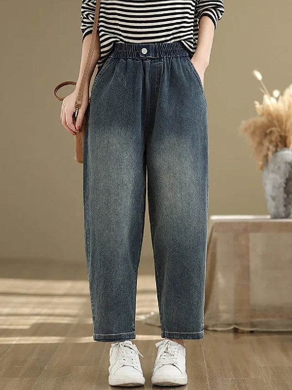 Women Spring Retro Pure Color Denim Harem Pants Casual Drawstring Pants