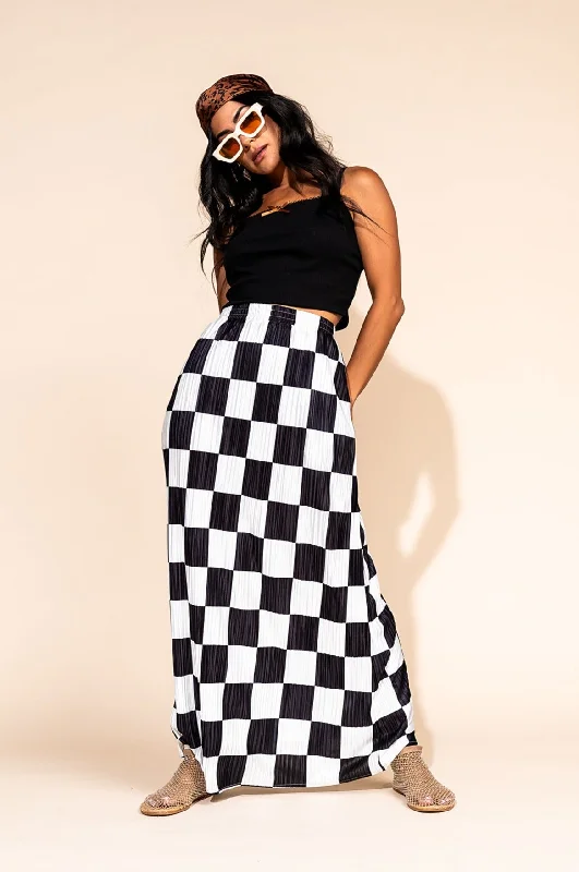 Santorini Midi Plisse Skirt in Black + White Check ruffled skirt detail