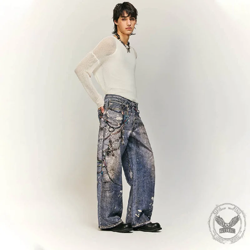 High Street Distressed Loose Straight Cotton Pants Chic Checkered Pants