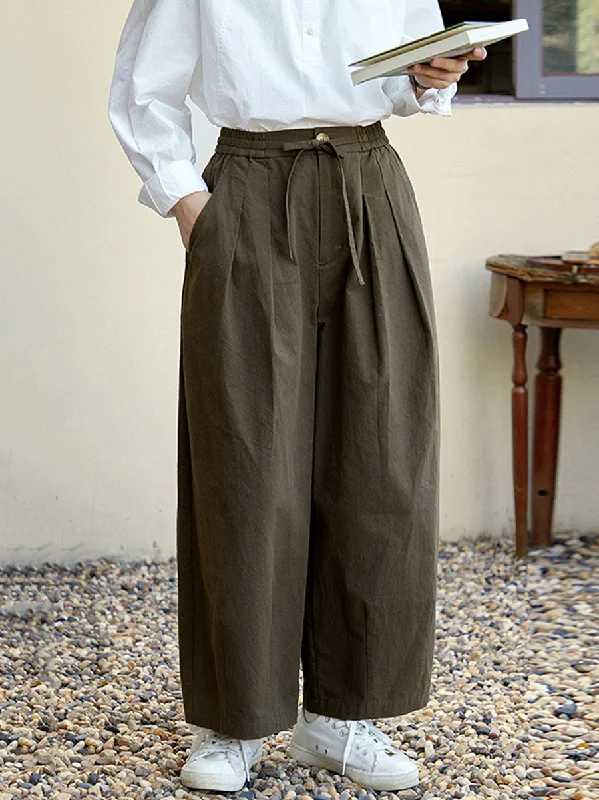 Women Spring Casual Pure Color Cotton Wide-leg Pants Soft Stretch Trousers