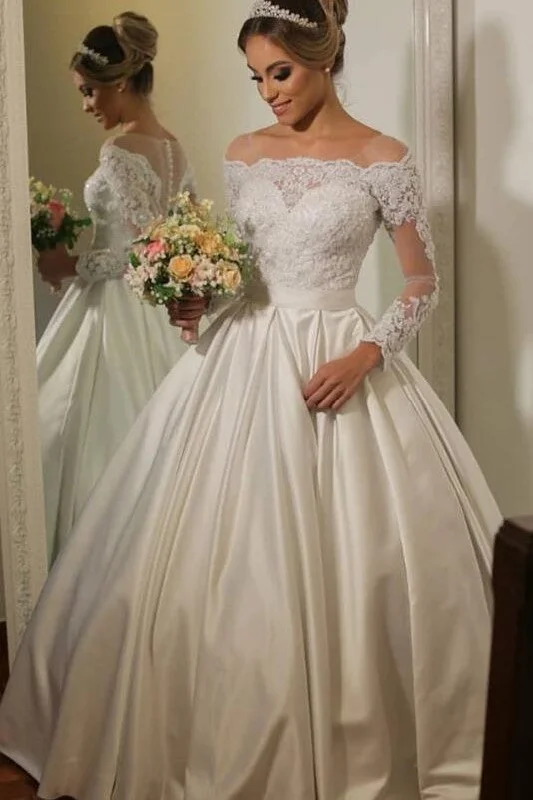 See-through Lace Long Sleeves Bridal Gown Satin Skirt chiffon skirt flowing