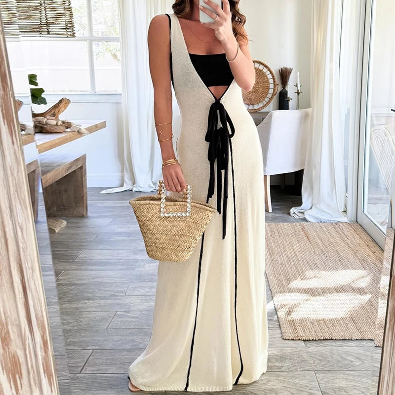 Advbridge Elegant Sleeveless Hollow Out Long Dress Women's Deep V-neck Patchwork Lace-up Party Dress New Fashion Temperament Commute Dress Tunics Spring floral Advbridge Elegant Sleeveless Hollow Out Long Dress Women's Deep V-neck Patchwork Lace-up Party Dress New Fashion Temperament Commute Dress Tunics Spring floral