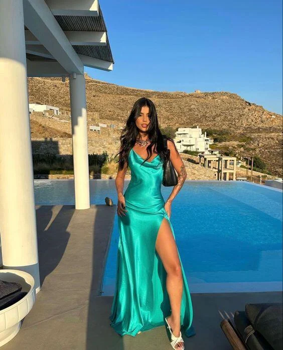 Green Straps A-Line Satin Long Party Dress Fashion Summer Dress, DP3345 Tunics Essential wardrobe