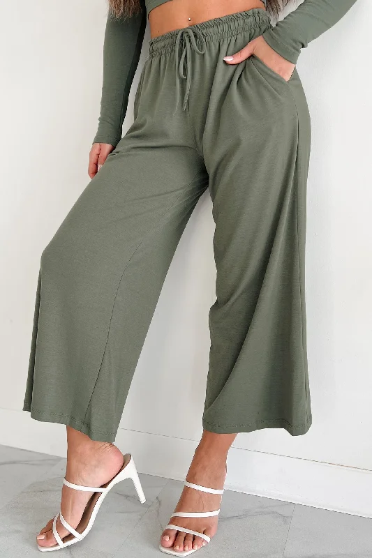 Lazy Reputation Drawstring Waist Lounge Pants (Dusty Olive) Relaxed Linen Pants