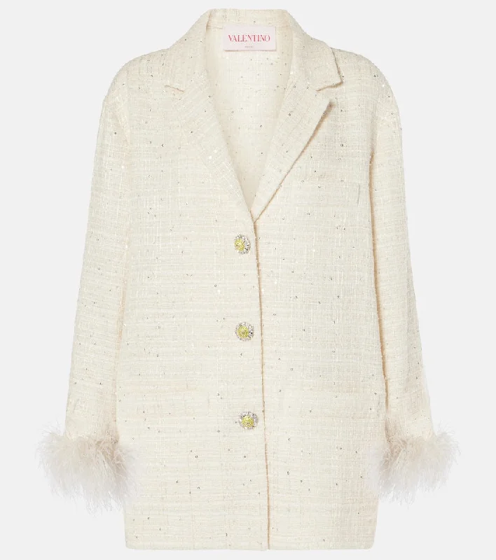 Valentino Mossi feather-trimmed tweed jacket Notch Collar Peter Pan Collar Cowl Neck Valentino Mossi feather-trimmed tweed jacket Notch Collar Peter Pan Collar Cowl Neck