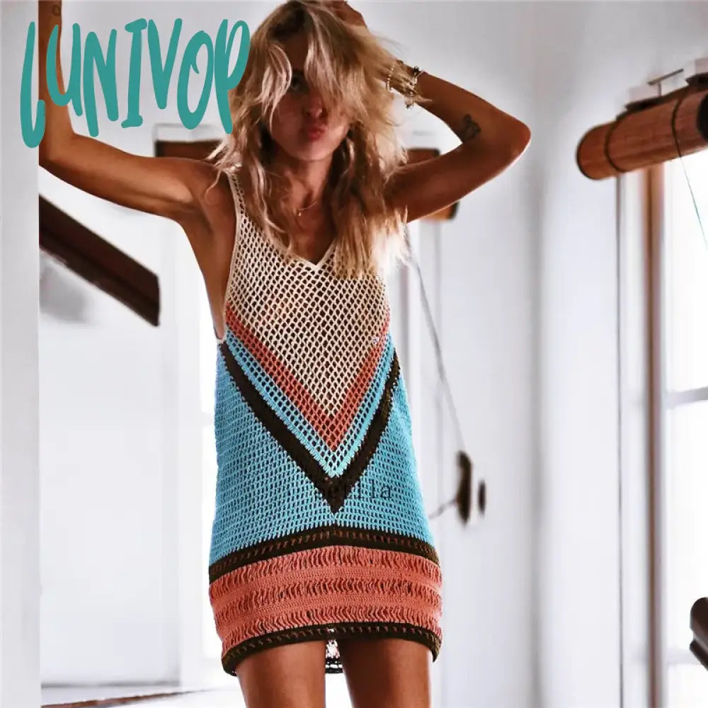 Lunivop  Crochet Summer Beach Dress Cover Up Sexy Hollow Out Mesh Knitted Tunic Swimsuit Coverup Womens Beach Sarong Robe De Plage V-Neck Swim Dress