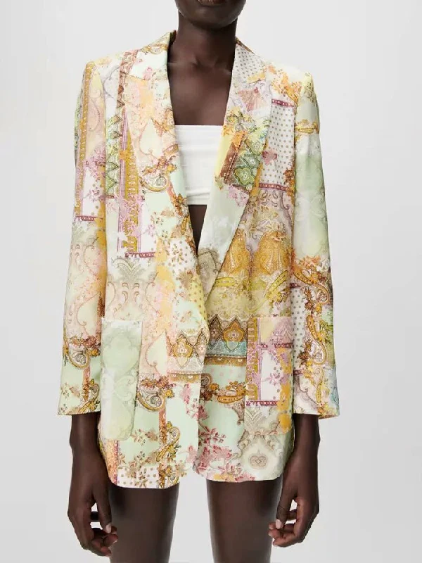 ZA women's retro lapel flowers loose and thin holiday style printed casual suit jacket Satin Fabric Silk Fabric Chiffon Fabric