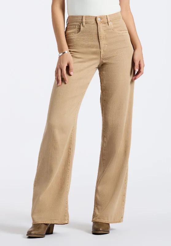 High Rise Wide Leg Addie Women's Pants, Almond Beige - BL16083 Stylish Elastic Waist Pants