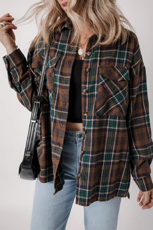 Brown Plaid Print Chest Pockets Buttoned Shirt Jacket Trench Coat Raincoat Waterproof Jacket Brown Plaid Print Chest Pockets Buttoned Shirt Jacket Trench Coat Raincoat Waterproof Jacket