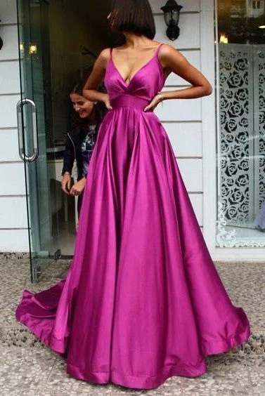 V-neckline Fuchsia Prom Gown with A-line Skirt Train Vestido de fiesta de graduación asymmetrical skirt cut