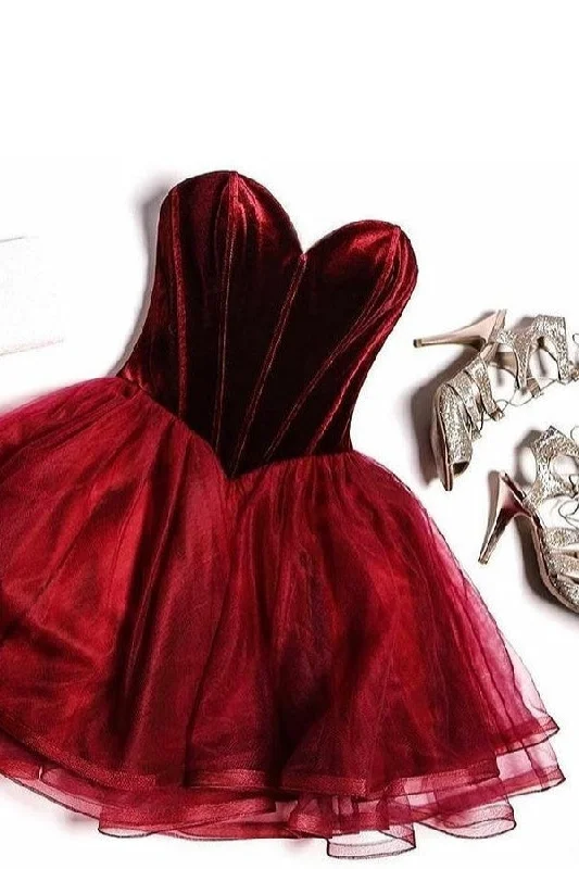 Sweetheart Velvet Burgundy Homecoming Gown with Tulle Skirt cotton skirt soft