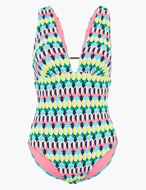 Tummy Control Printed Plunge Swimsuit Plus-Size Bikini Set