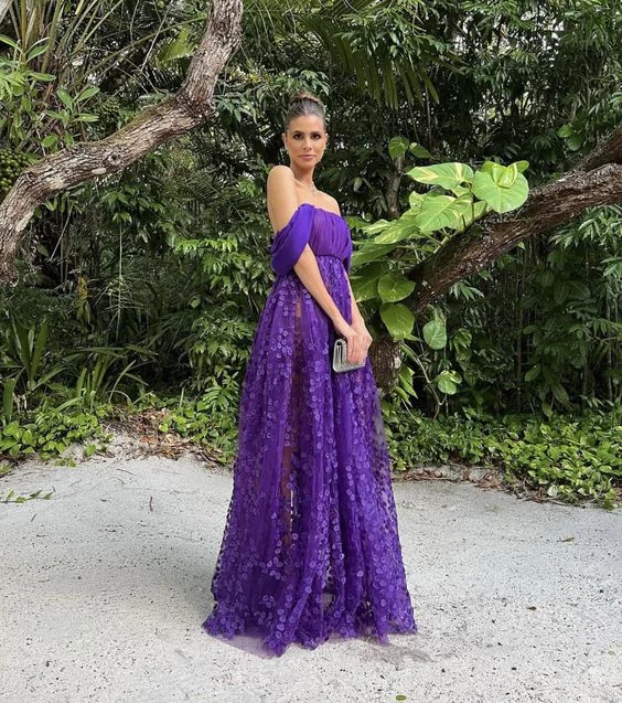 Purple A-Line Off Shoulder Floral Long Prom Dress Party Dress,DP513 Lace Sexy Club