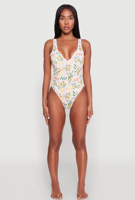 Citrus Checkered Print One Piece Swimsuit Playful Pattern Swimsuit