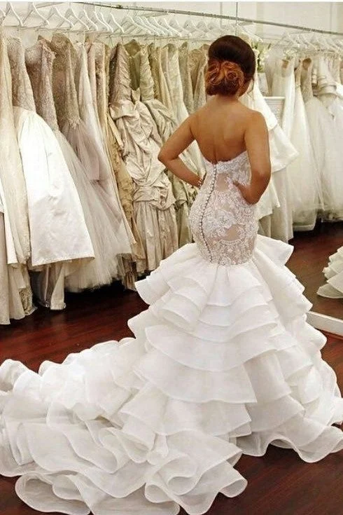 Strapless Lace Wedding Gowns with Mermaid Layers Skirt linen skirt natural