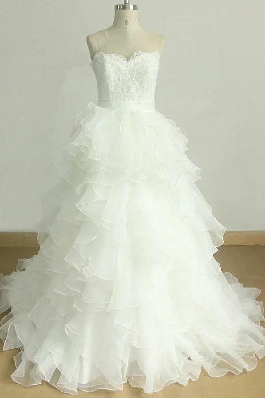 Lace Strapless Wedding Gown with Ruffled Organza Skirt linen skirt airy