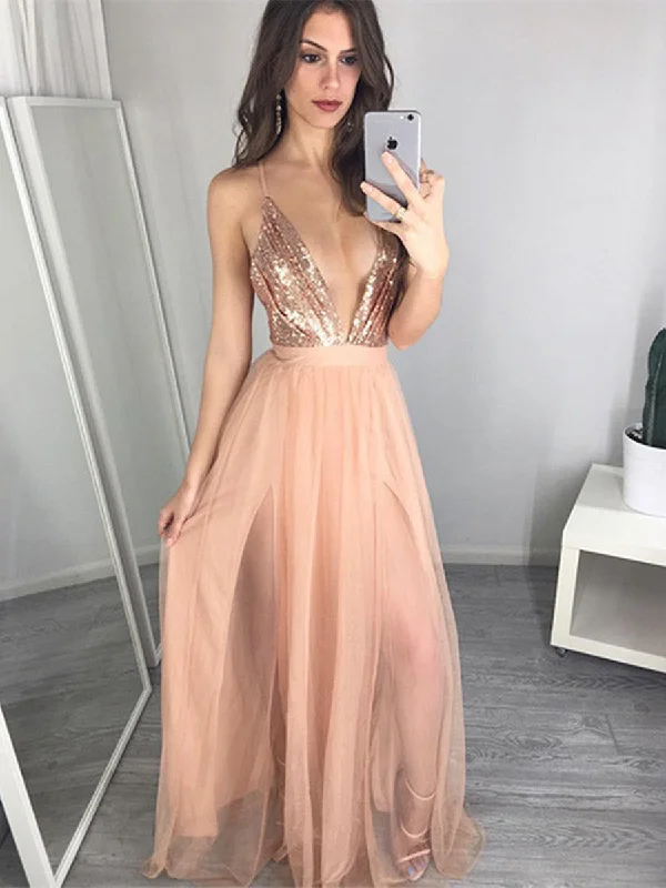 A Line V Neck Open Back Champagne Tulle Prom Dress, Backless Formal Dress, Evening Dress, Backless Party Dress Tunics Cozy soft A Line V Neck Open Back Champagne Tulle Prom Dress, Backless Formal Dress, Evening Dress, Backless Party Dress Tunics Cozy soft