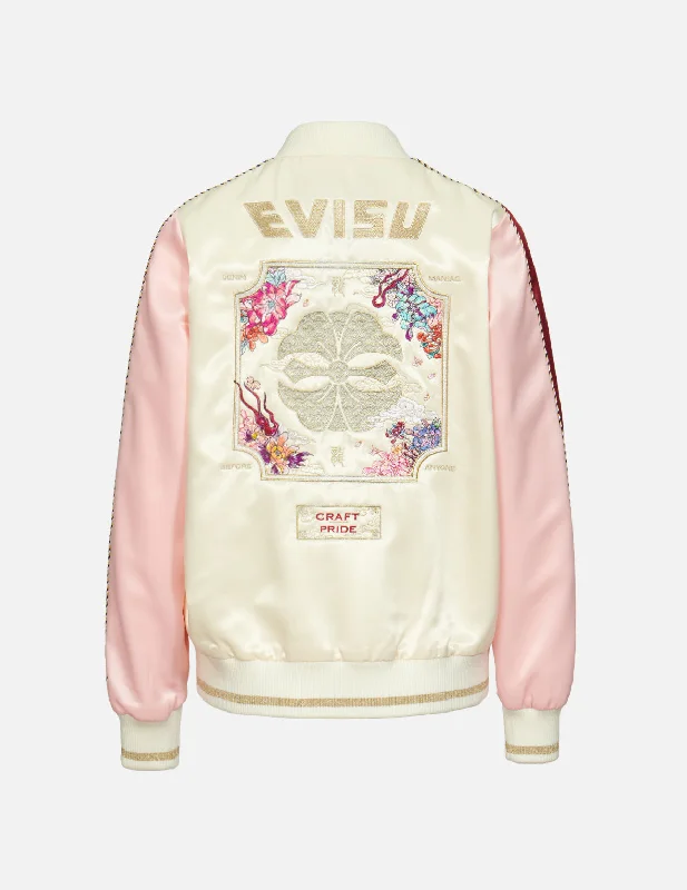 Kamon and Floral Motif Embroidered Padded Souvenir Jacket Chenille Fabric Brocade Fabric Lace Fabric Kamon and Floral Motif Embroidered Padded Souvenir Jacket Chenille Fabric Brocade Fabric Lace Fabric
