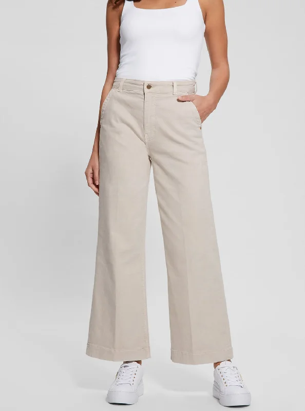 Beige Darma Wide Leg Pant Elegant Wool Trousers