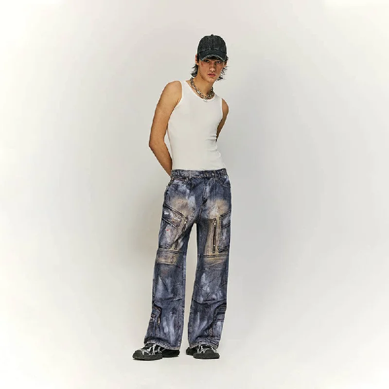 Distressed Street Retro Ripped Straight Cotton Pants Casual Plaid Pants