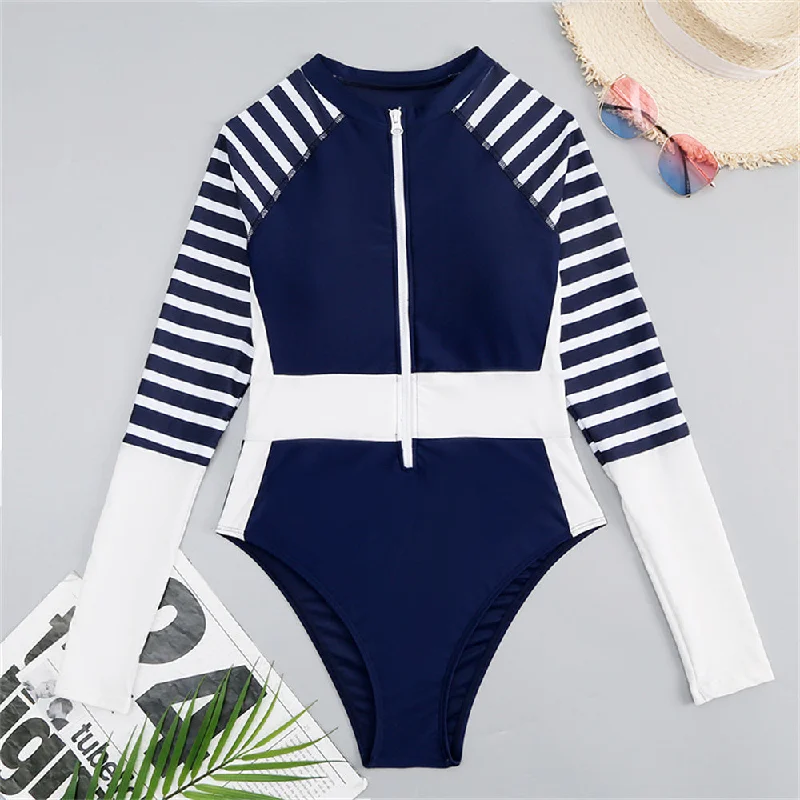 Women Rashguard: Navy Blue-White Long Sleeve Striped One Piece Swimsuit Elegant Ruffled Bikini