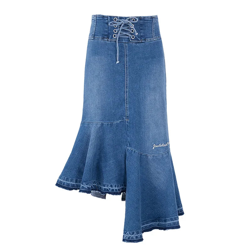 Denim Irregular High Waist Lace Up Skirt wool skirt sturdy