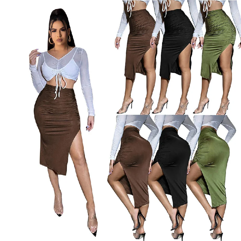 L99838 Solid Coffee Ruched Split Thigh Skirt tiered skirt playful