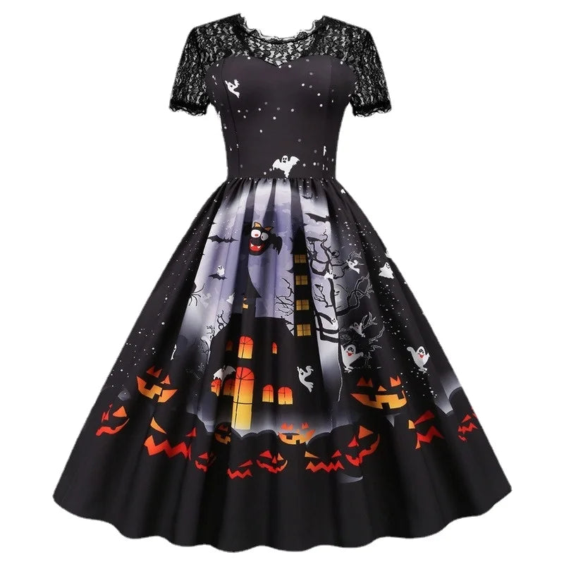 Advbridge Lace Retro Halloween Dress Women Costumes Short Sleeve 50S 60S Vintage Party Dresses Skull Witch Scary Holloween Clothes Cosplay Peplum Ruffle Cocktail Advbridge Lace Retro Halloween Dress Women Costumes Short Sleeve 50S 60S Vintage Party Dresses Skull Witch Scary Holloween Clothes Cosplay Peplum Ruffle Cocktail