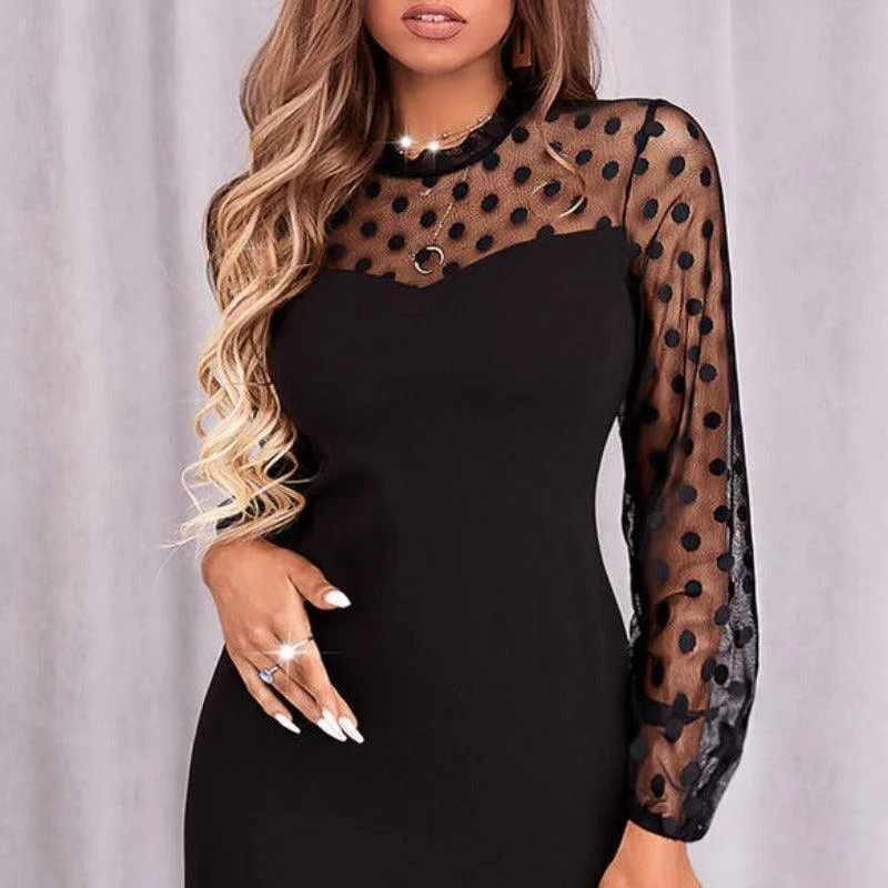Becky Dot Print Long Sleeve Mesh Party Dress Tunics Satin smooth