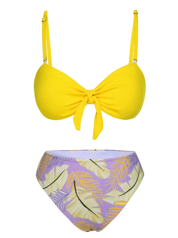 Yellow 1960s Plant Prints Halter Bow Swimsuit Swim Dress with Belt