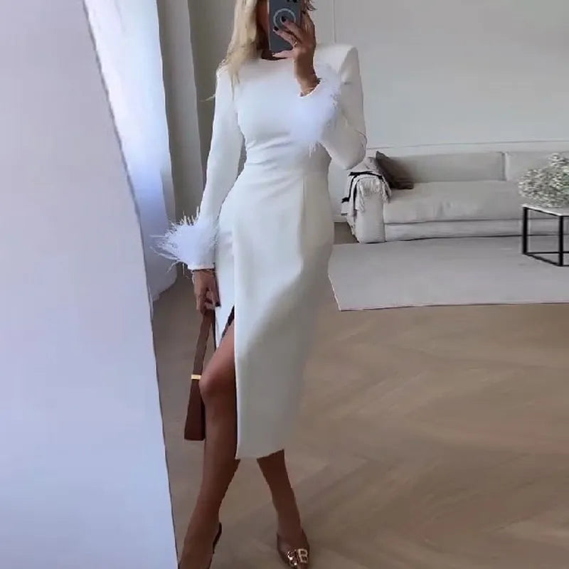 Advbridge Fashion Feather Patchwork Long Sleeve Dress Elegant O-neck Split Solid Midi Dress Women Casual Hight Waist Bodycon Party Dresses Tunics Wedding white Advbridge Fashion Feather Patchwork Long Sleeve Dress Elegant O-neck Split Solid Midi Dress Women Casual Hight Waist Bodycon Party Dresses Tunics Wedding white