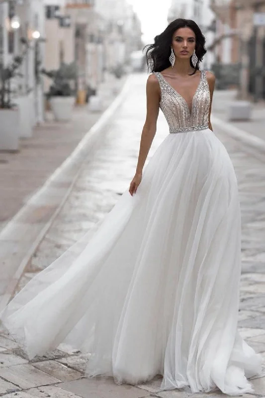 Plunging Neckline Rhinestones Wedding Gown Tulle Skirt wool skirt warm