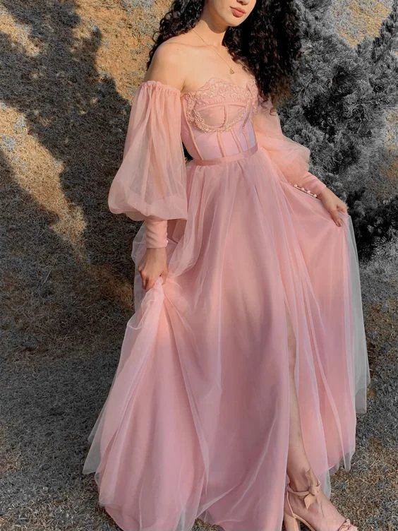 Pink A-Line Off Shoulder Tulle Long Prom Dress Formal Party Dress,DP587 Peplum Ruffle Cocktail Pink A-Line Off Shoulder Tulle Long Prom Dress Formal Party Dress,DP587 Peplum Ruffle Cocktail