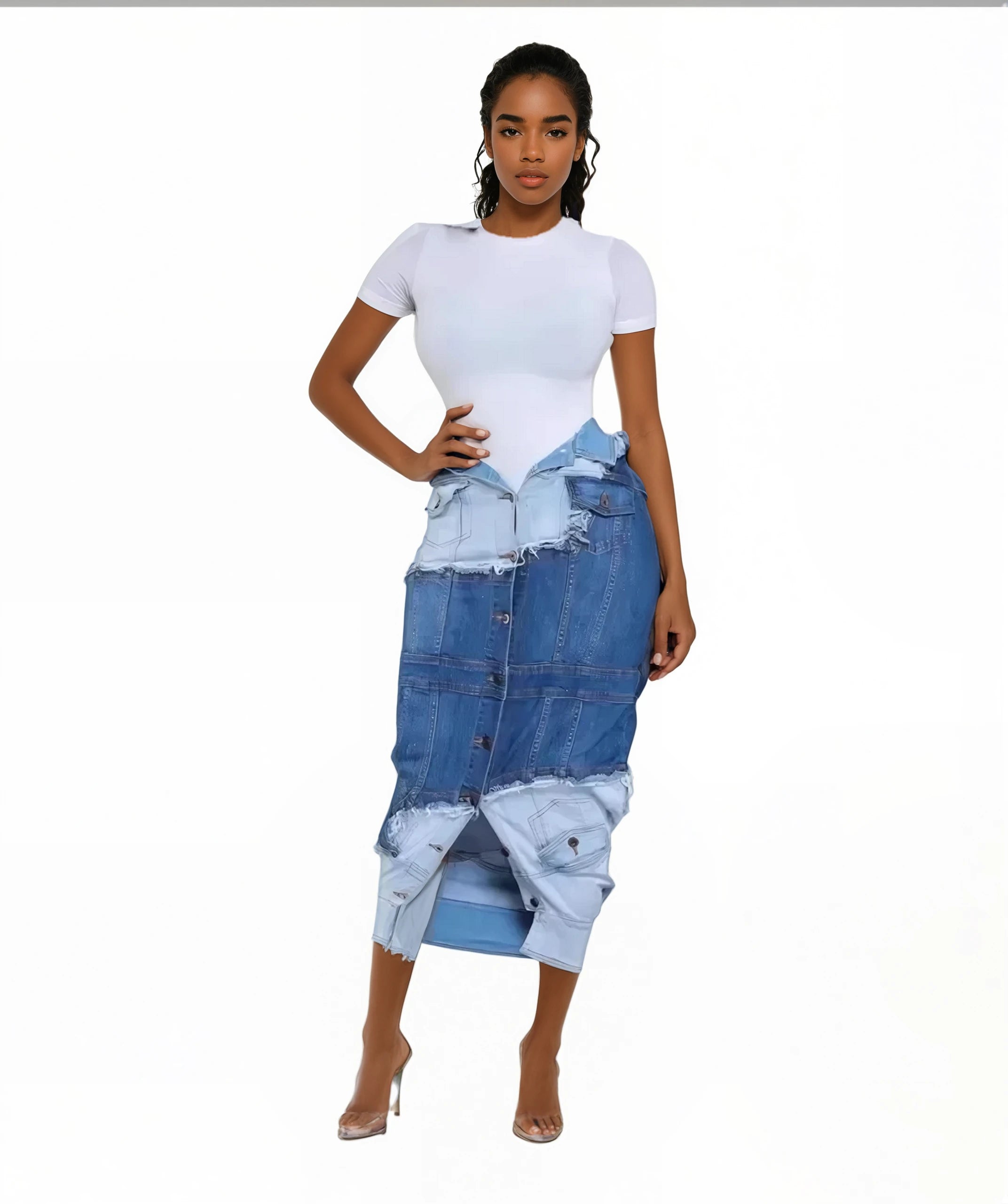 Multi Button Design Denim Patchwork High Waist Single Breasted Skirt chiffon skirt floaty