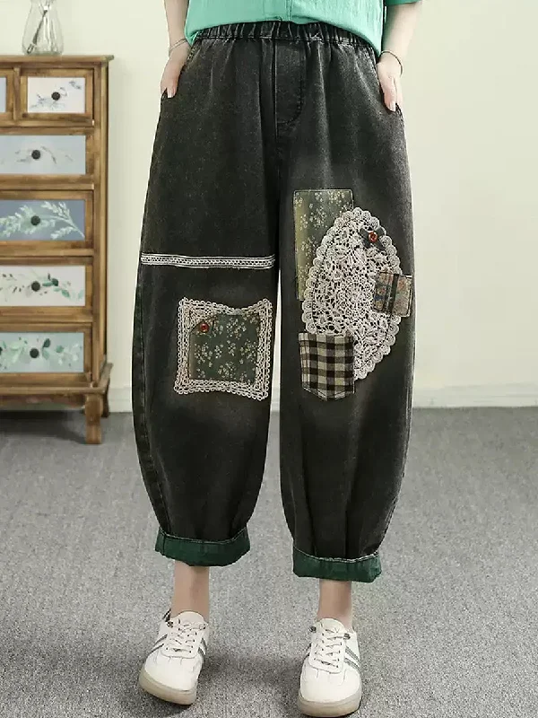 Women Spring Retro Patch Spliced Denim Harem Pants Chic Wool Trousers