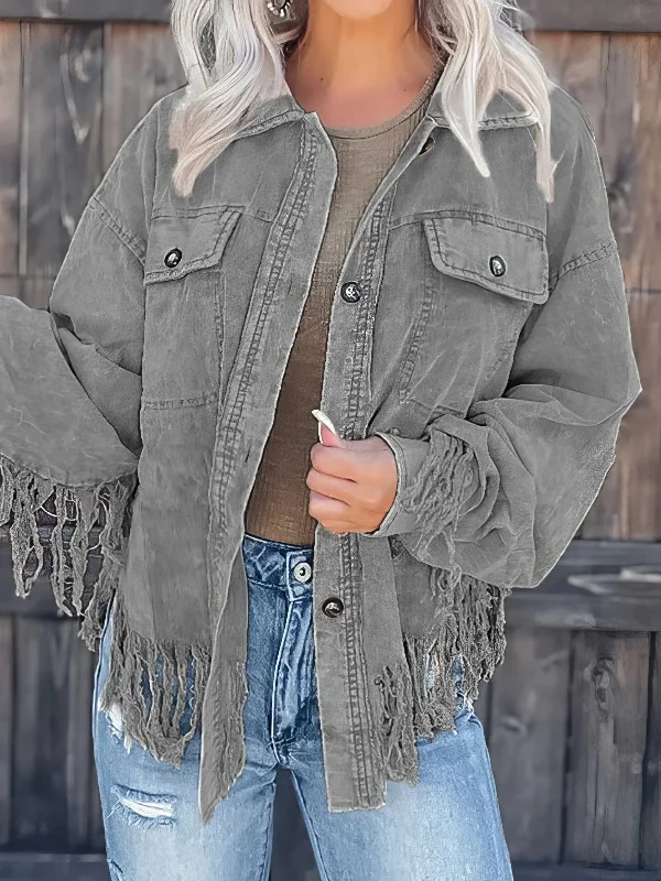 Button-Front Corduroy Jacket with Tassels Welt Pockets Slit Pockets Flap Pockets