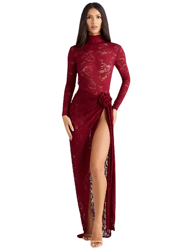Sexy 2Pcs Lace Skirt Sets Women's Long Sleeve Turtleneck And Floral Maxi Skirt Matching Sets Club Party Split Sets wool skirt sturdy