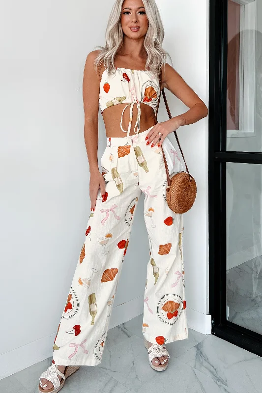 Back In Paris Printed Wide Leg Pants (Ivory) Trendy Printed Pants
