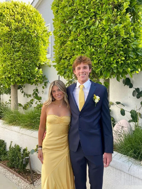 Yellow Straps A-Line Satin Long Party Dress Wedding Guest Dress, DP3343 Tunics Chic fashionable Yellow Straps A-Line Satin Long Party Dress Wedding Guest Dress, DP3343 Tunics Chic fashionable