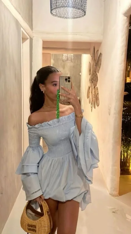 Light Blue Off Shoulder Long Sleeves A-Line Party Dress Fashion Summer Dress , DP3059 Tunics Occasion special