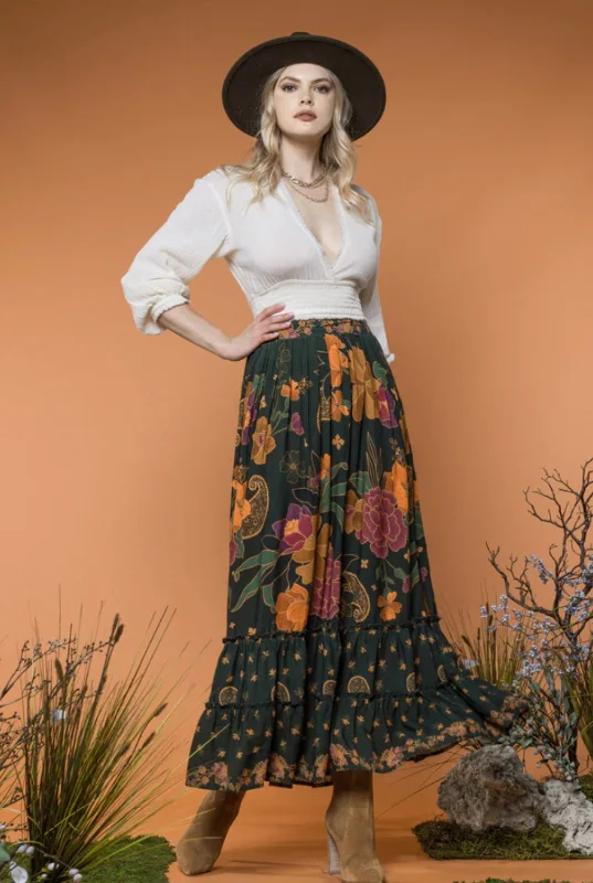 Green Floral Maxi Skirt velvet skirt glossy